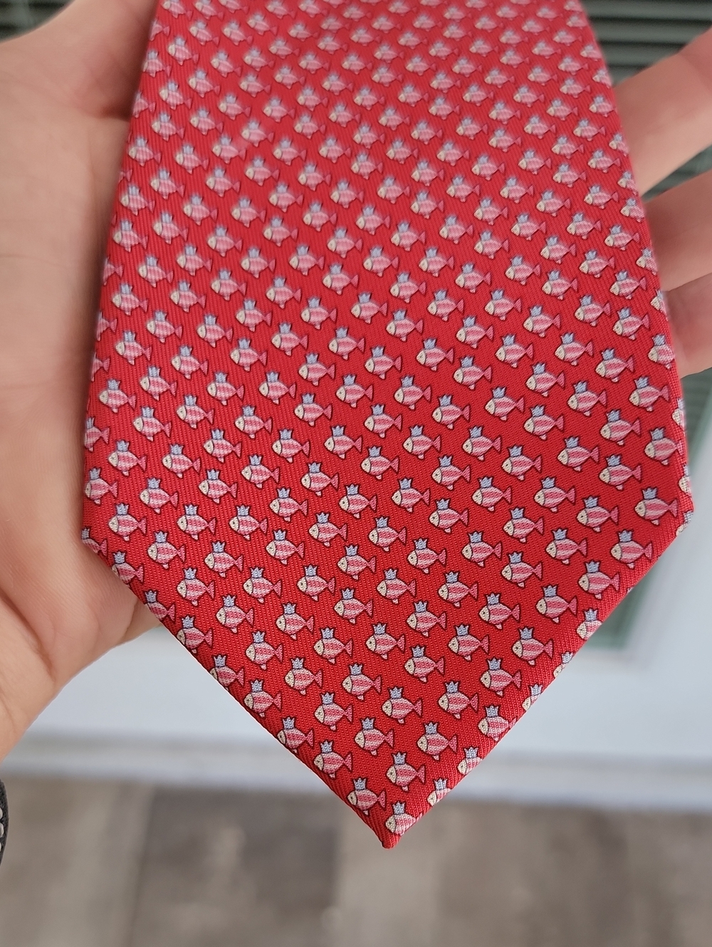 Salvatore Ferragamo Silk Red Tie with Pink Fish Motif